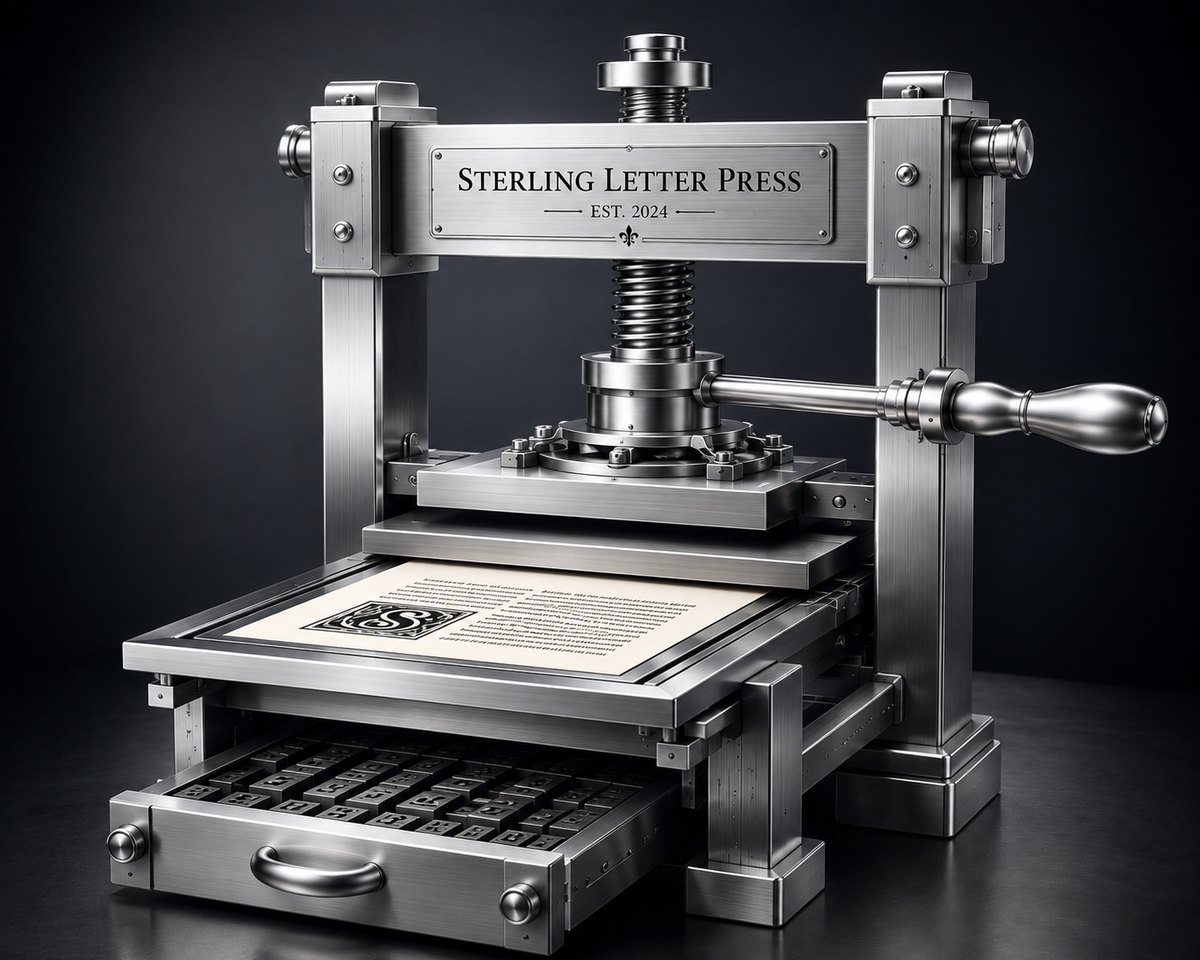 The Sterling Letter Press — a silver platen press with a nameplate reading Sterling Letter Press, Est. 2024